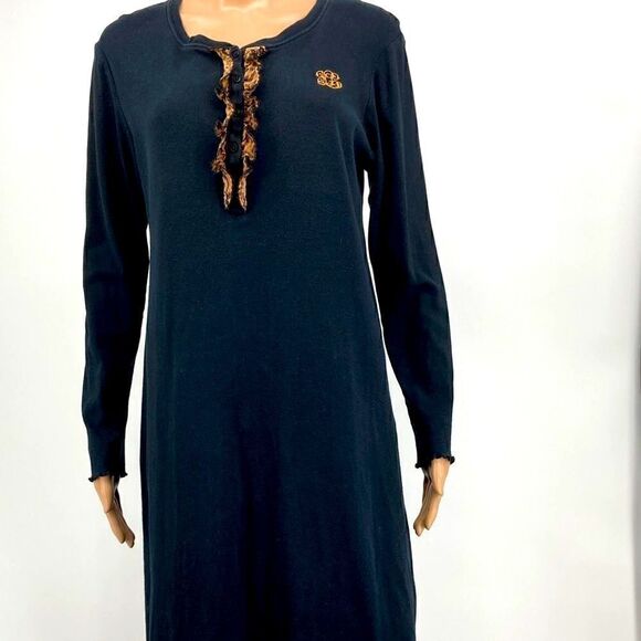 Lauren Ralph Lauren Cheetah Print Embroidered Logo RLL Black Cotton Dress Size M - Picture 1 of 5